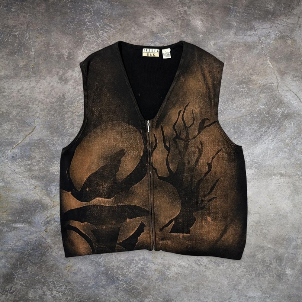 Trader Bay Sweater Vest Mens L Black Good Vintage 90s Bleached Nature Art Zip